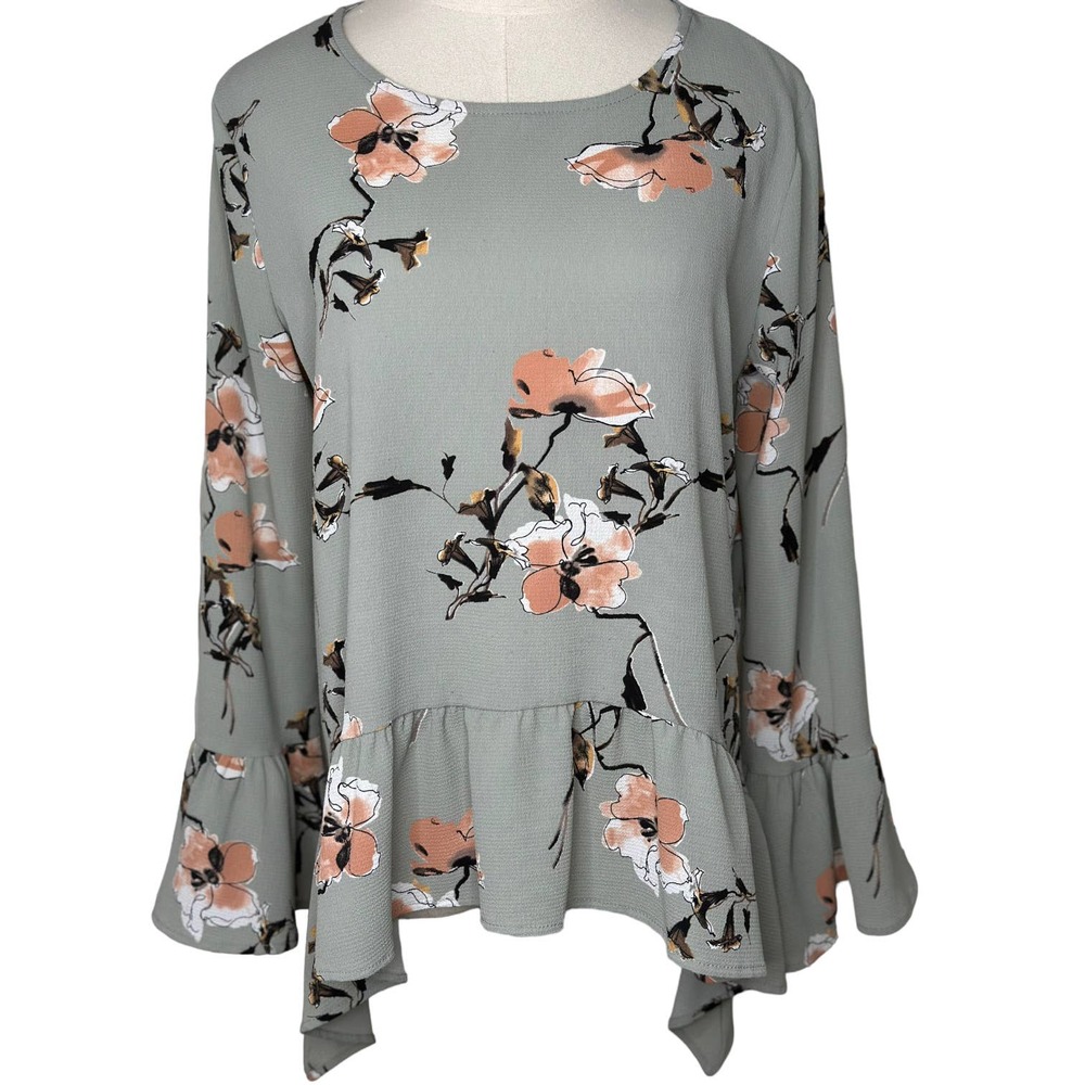Gibson Casual Tunic Top Size S Relaxed Sage Green Peach Floral 3/4 Sleeves B02